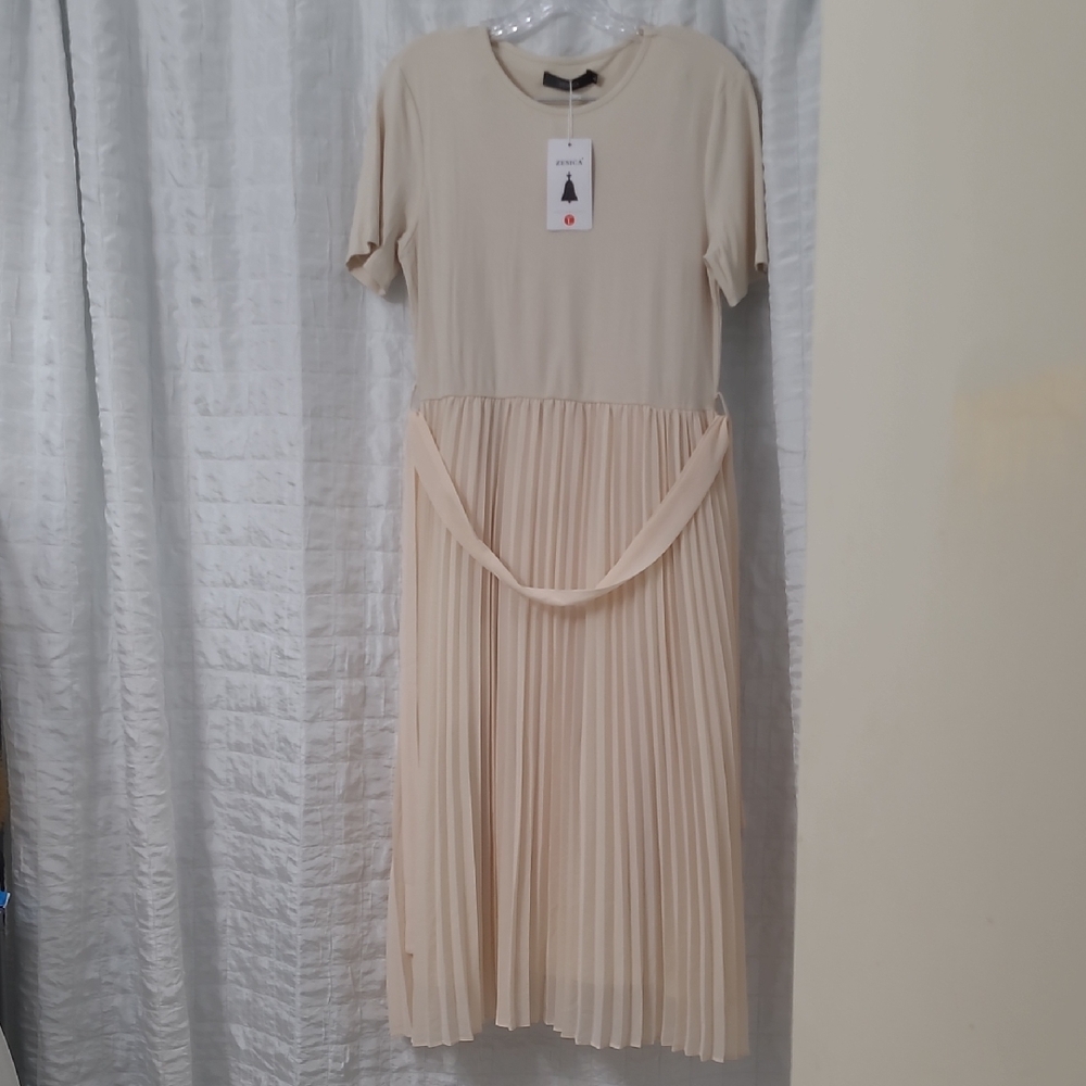 Pleated Midi Dress in Light Beige - Women's Dress Midi